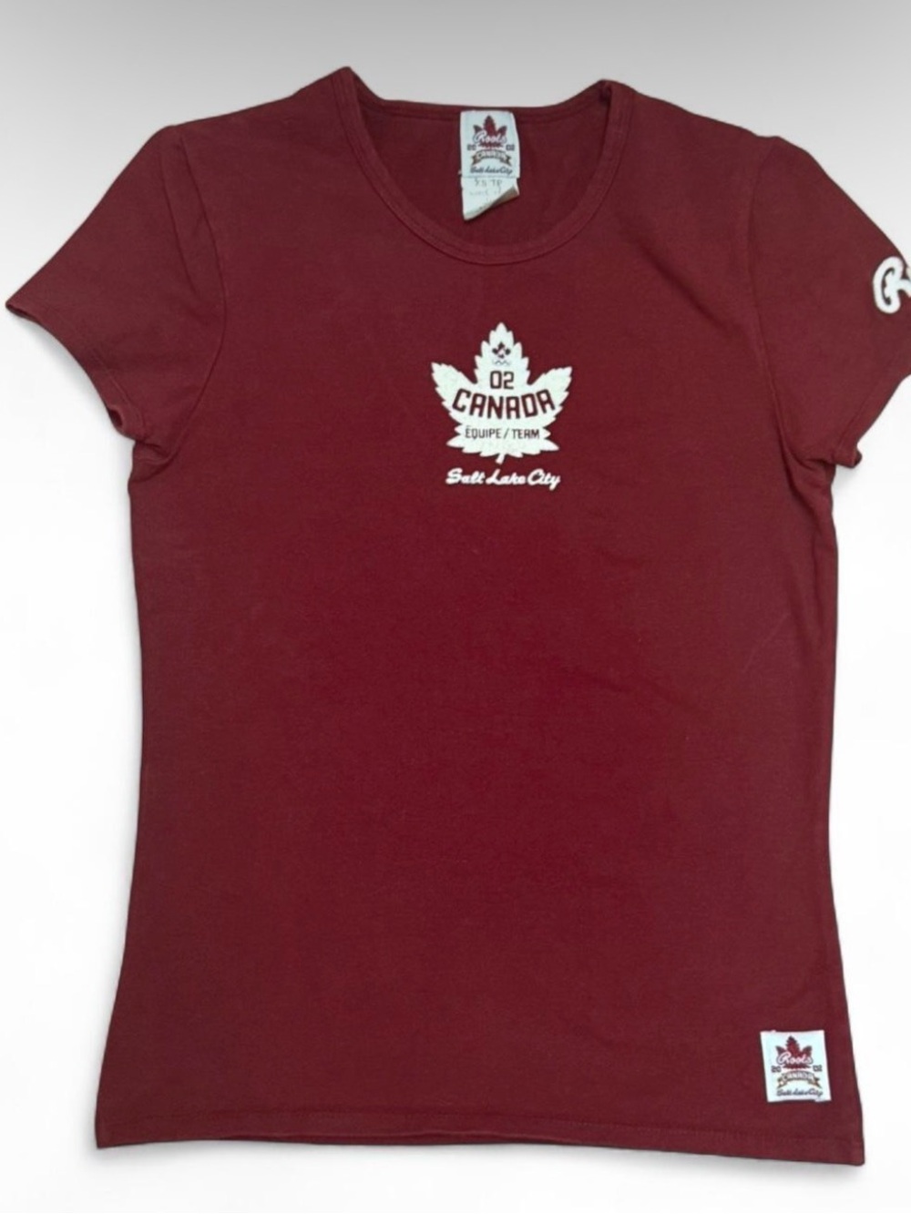 Roots ‘02 Canada Olympic Team Equipe Maroon Women's Short Sleeve T Salt Lake